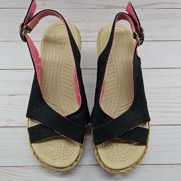 Crocs‎ Womens Size 7 A-Leigh Wedge Black Pink Espadrilles Wedge Sandals - Picture 3 of 9